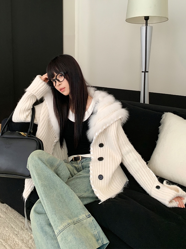Slim mixed colors coat autumn and winter fox fur cardigan