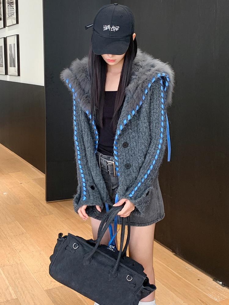 Slim mixed colors coat autumn and winter fox fur cardigan