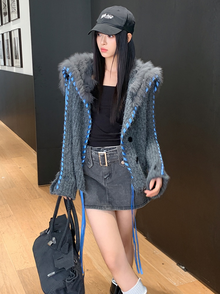 Slim mixed colors coat autumn and winter fox fur cardigan