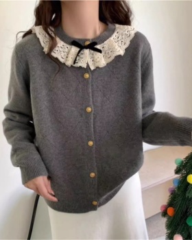 Lace collar winter sweater knitted sweet cardigan for women