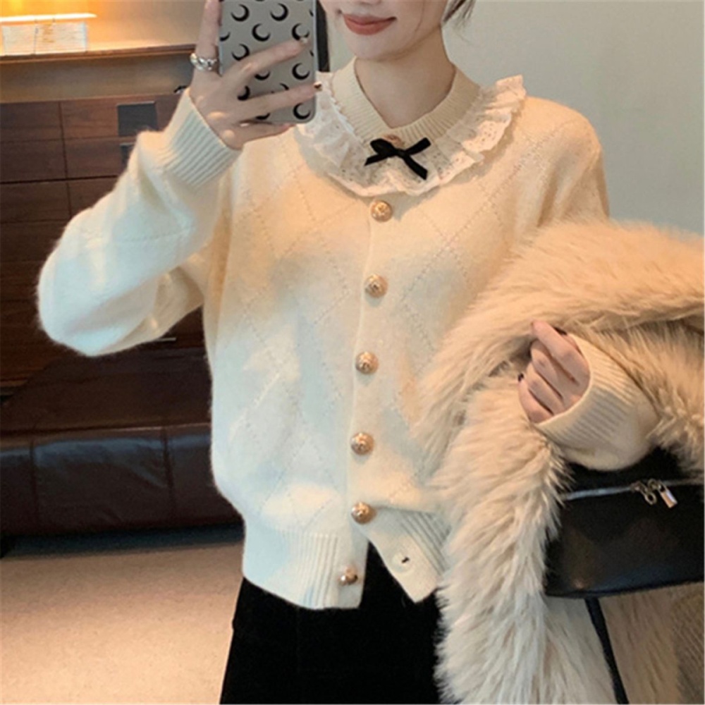 Lace collar winter sweater knitted sweet cardigan for women