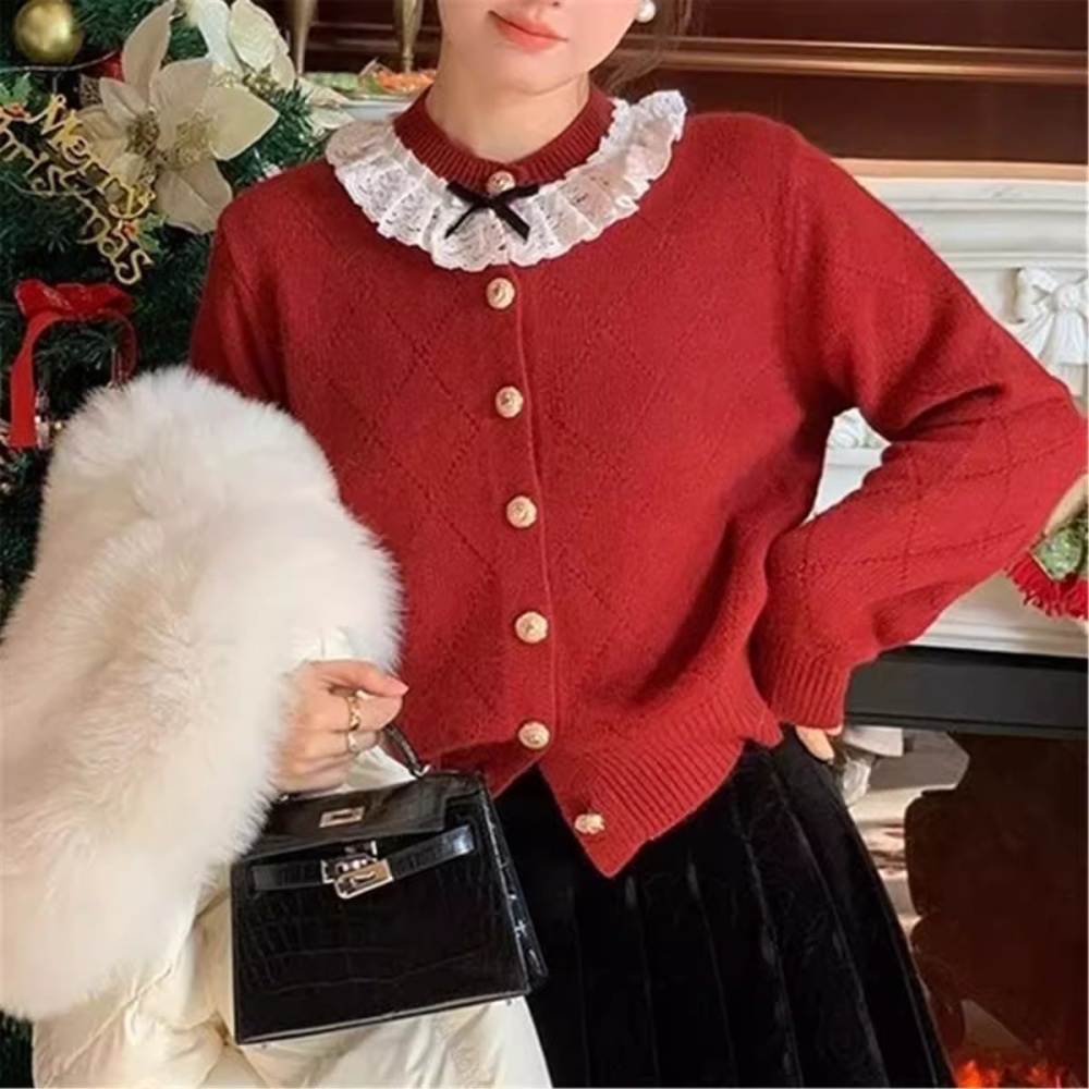 Lace collar winter sweater knitted sweet cardigan for women