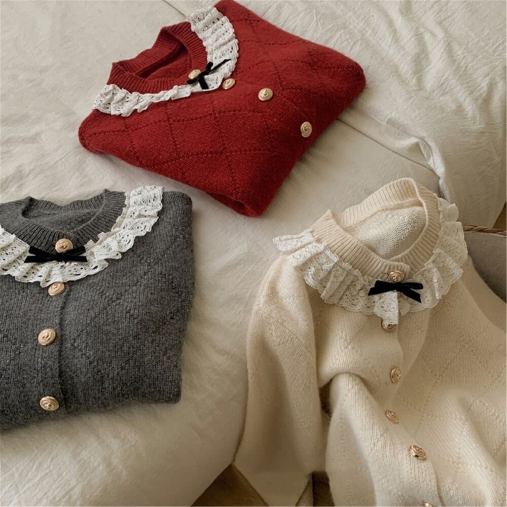 Lace collar winter sweater knitted sweet cardigan for women