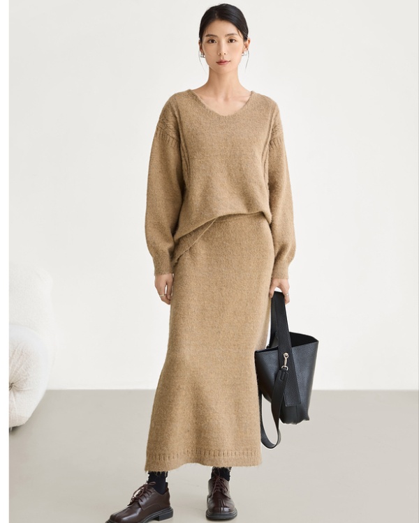 Temperament knitted sweater autumn lazy skirt a set