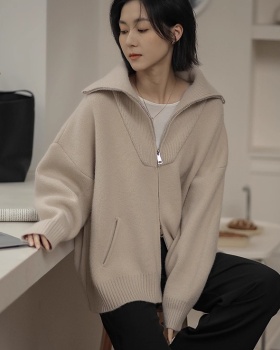 Autumn large lapel sweater zip loose cardigan for women