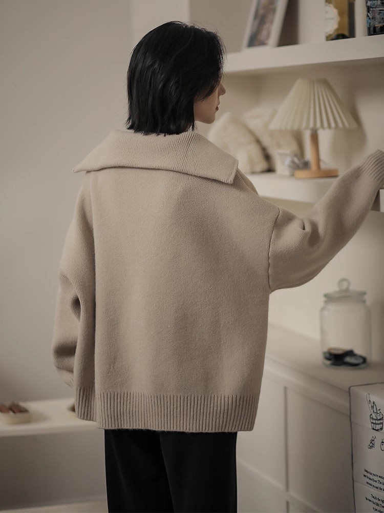 Autumn large lapel sweater zip loose cardigan for women