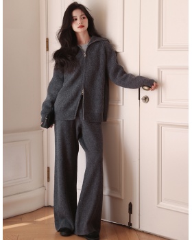 Zip loose tops knitted high waist wide leg pants a set