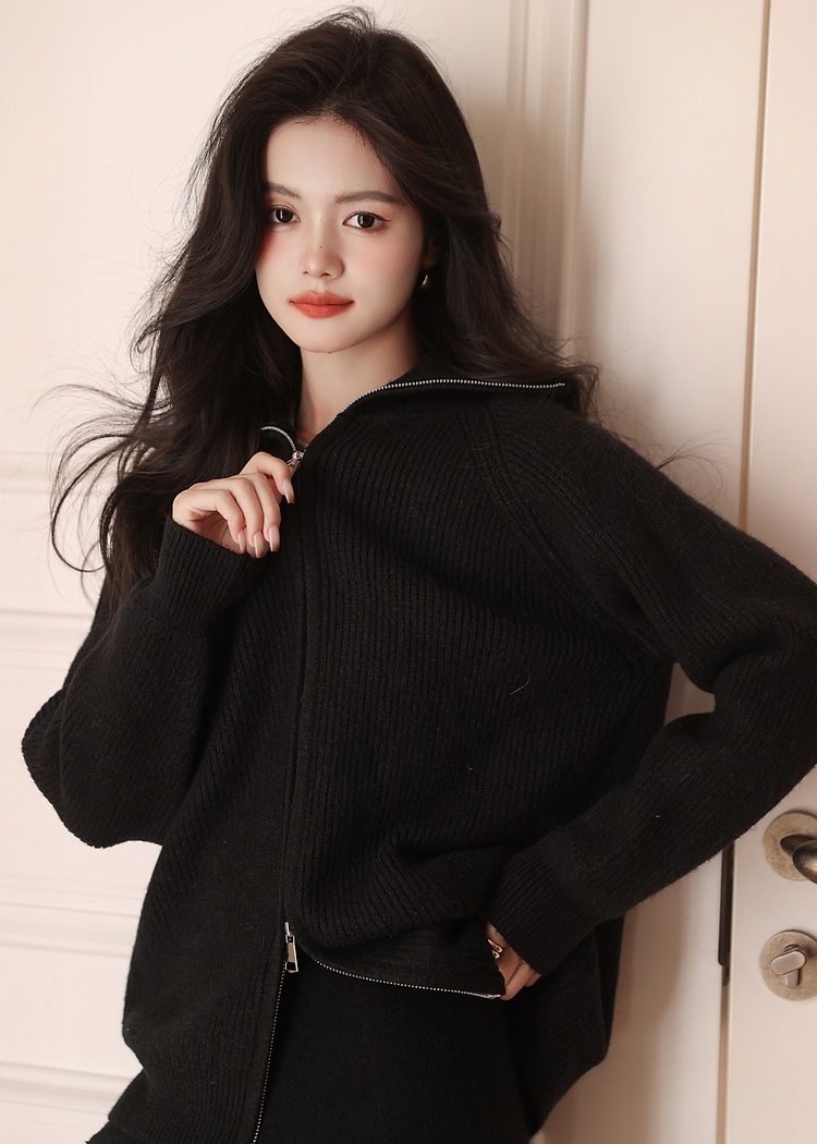 Zip loose tops knitted high waist wide leg pants a set