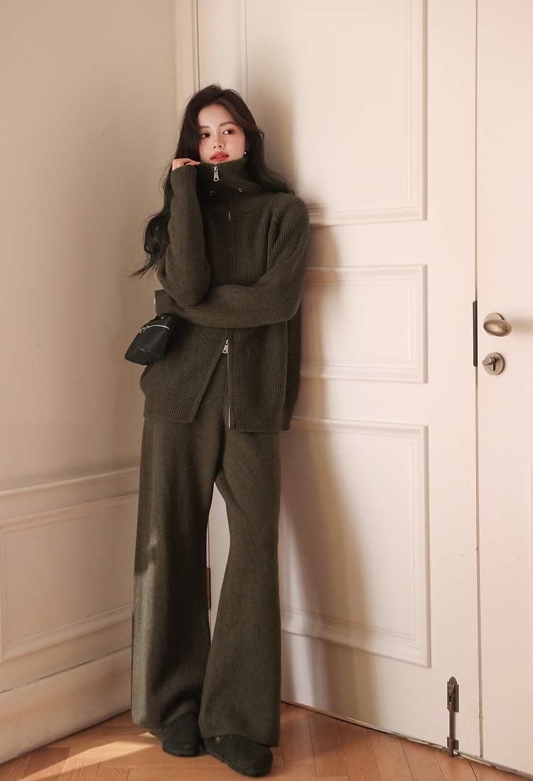 Zip loose tops knitted high waist wide leg pants a set