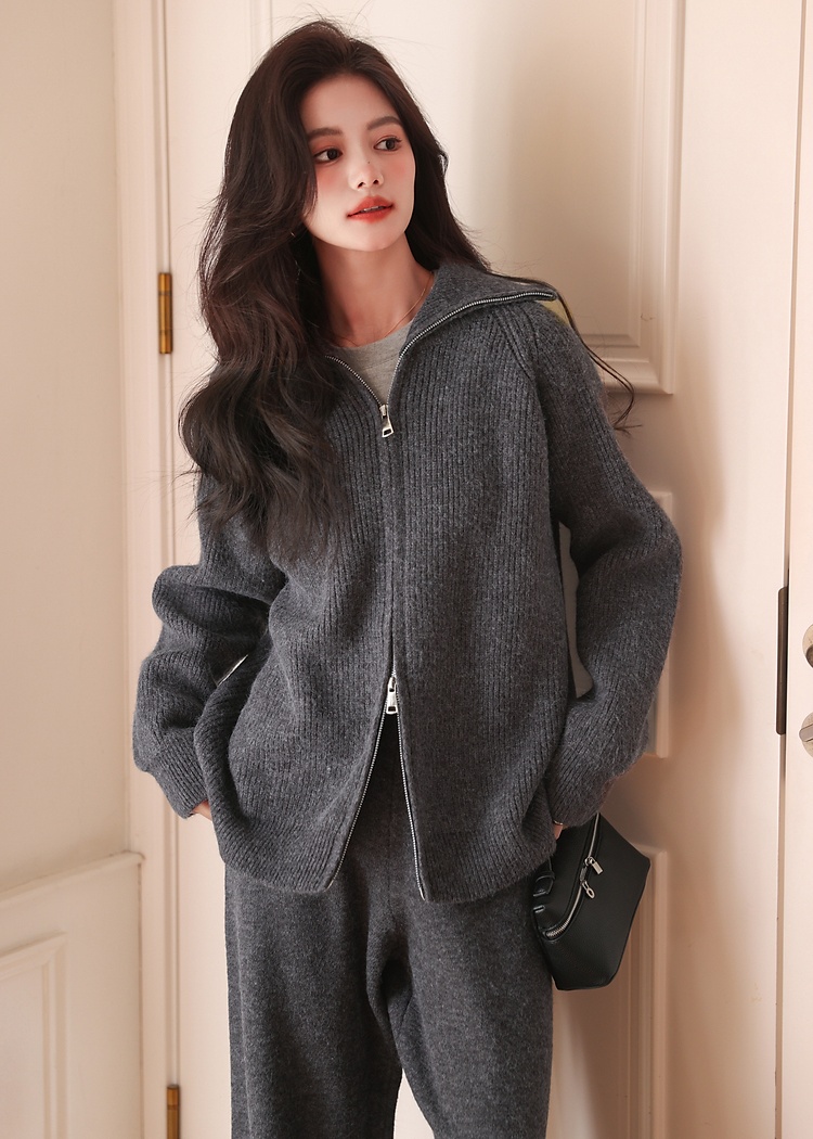 Zip loose tops knitted high waist wide leg pants a set