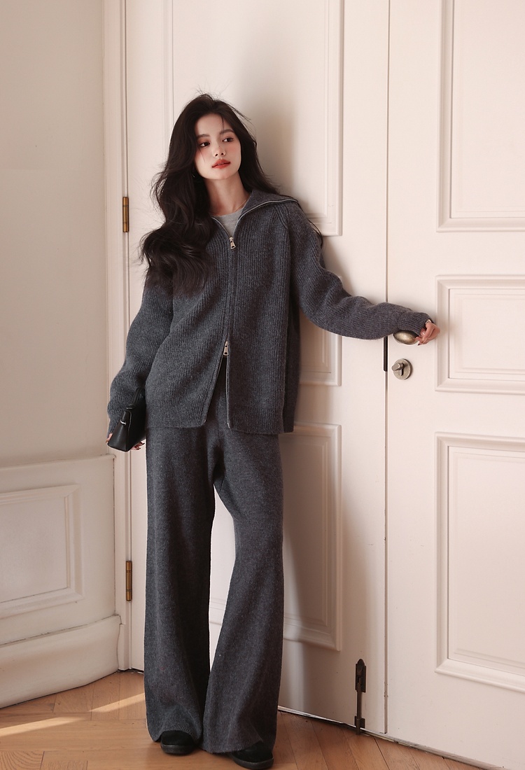 Zip loose tops knitted high waist wide leg pants a set