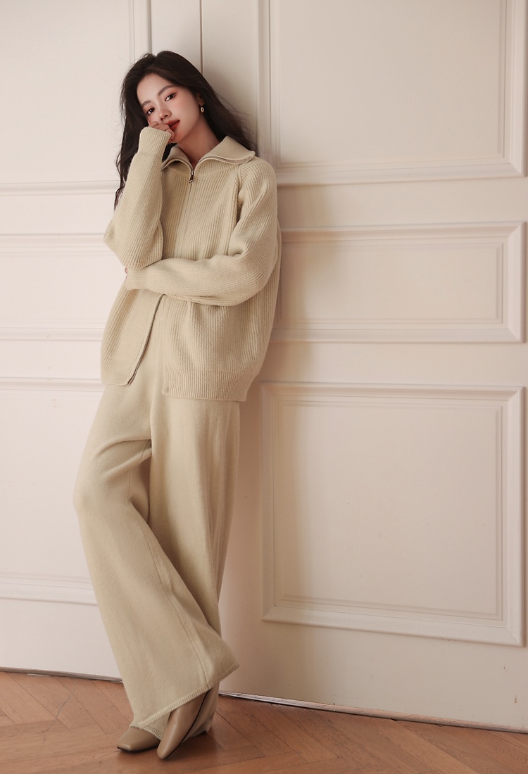 Zip loose tops knitted high waist wide leg pants a set