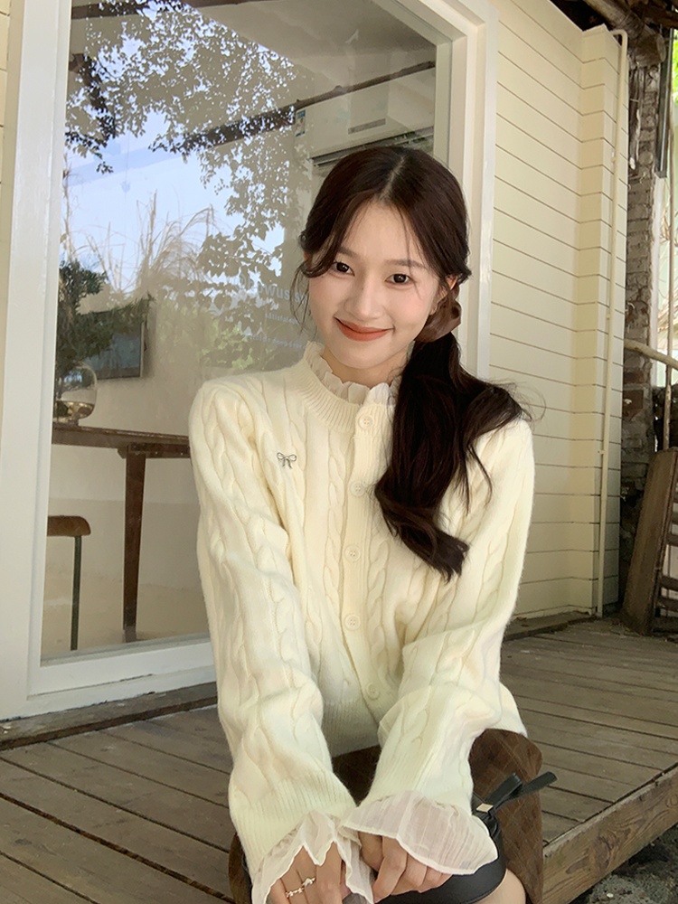 Sweet spring sweater bow wood ear tops for women