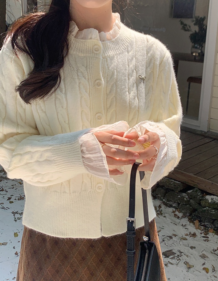 Sweet spring sweater bow wood ear tops for women