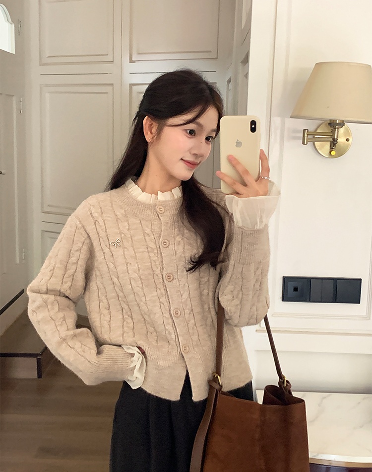 Sweet spring sweater bow wood ear tops for women