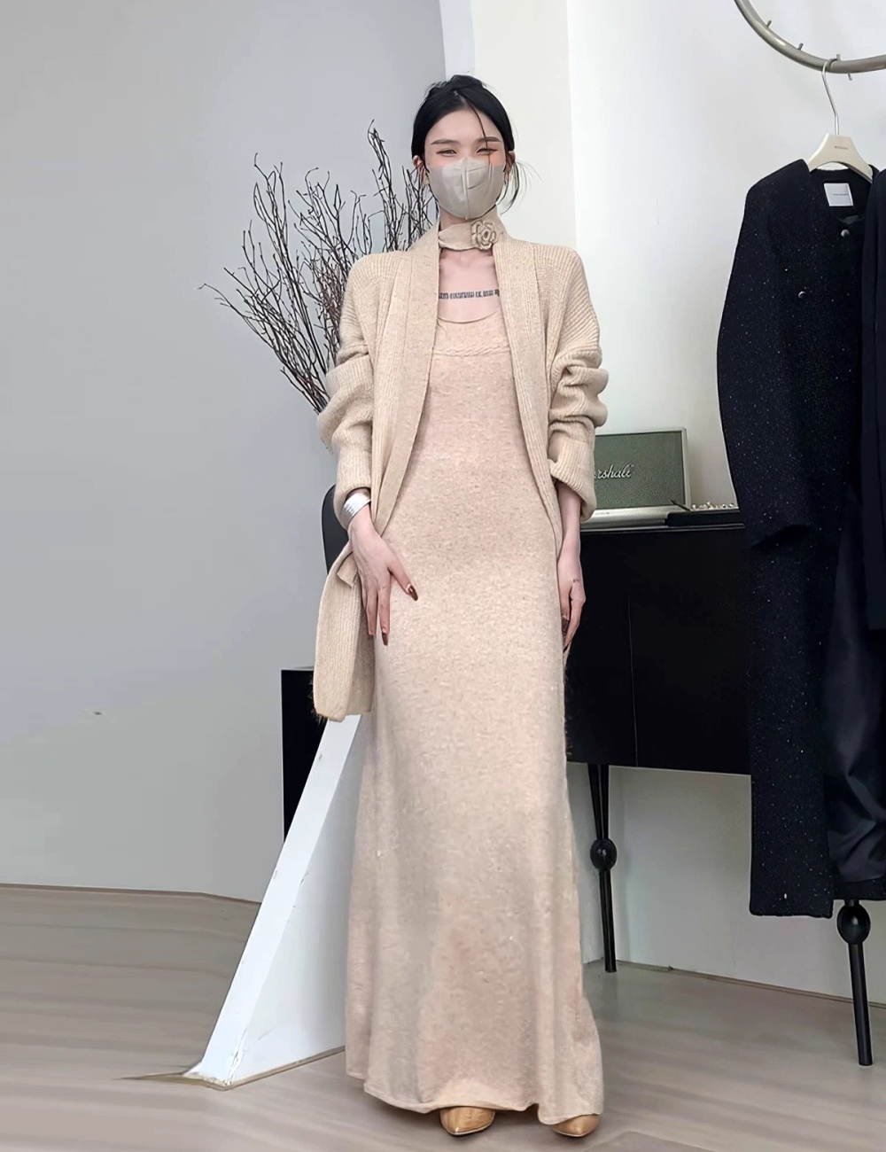 Knitted loose sweater Korean style dress 2pcs set for women