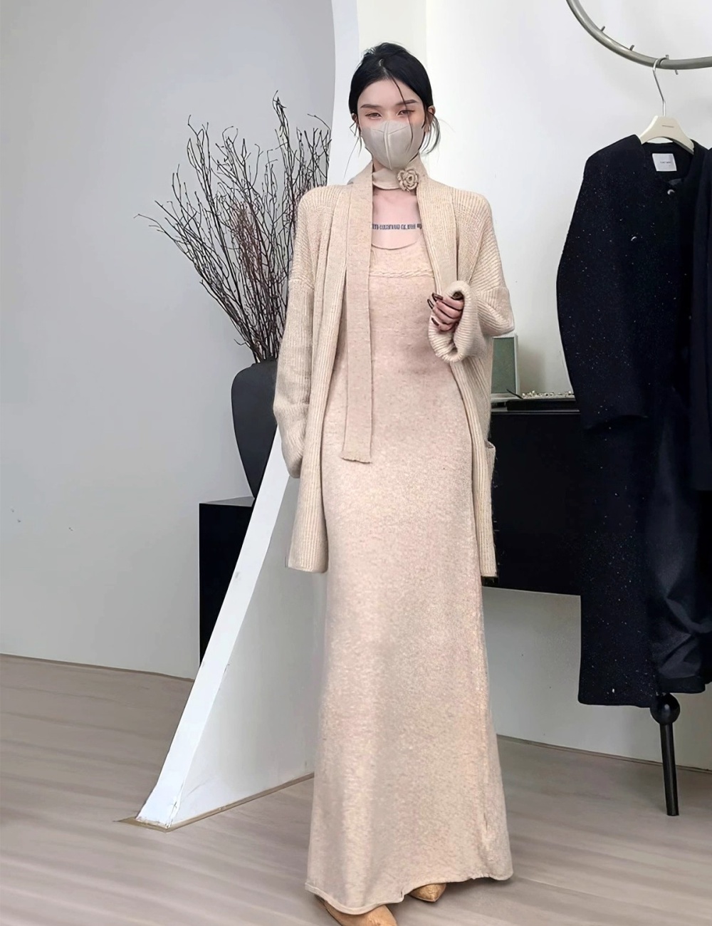 Knitted loose sweater Korean style dress 2pcs set for women