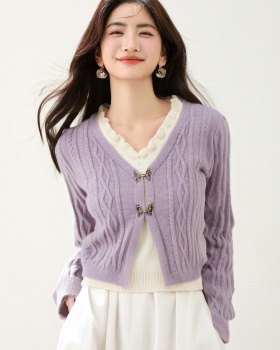 Twist V-neck purple tops Pseudo-two knitted cardigan