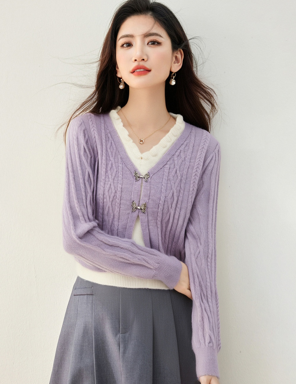 Twist V-neck purple tops Pseudo-two knitted cardigan
