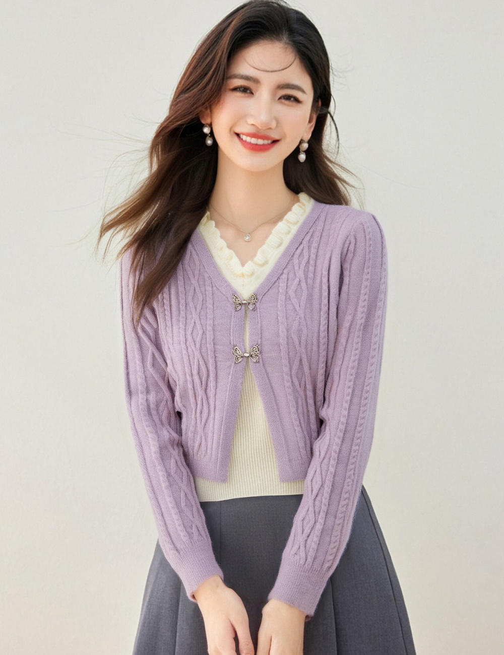 Twist V-neck purple tops Pseudo-two knitted cardigan
