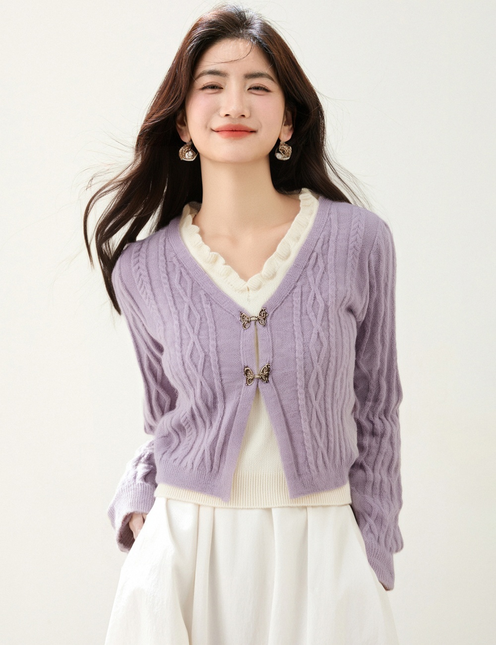 Twist V-neck purple tops Pseudo-two knitted cardigan