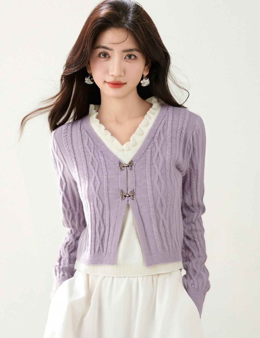 Twist V-neck purple tops Pseudo-two knitted cardigan