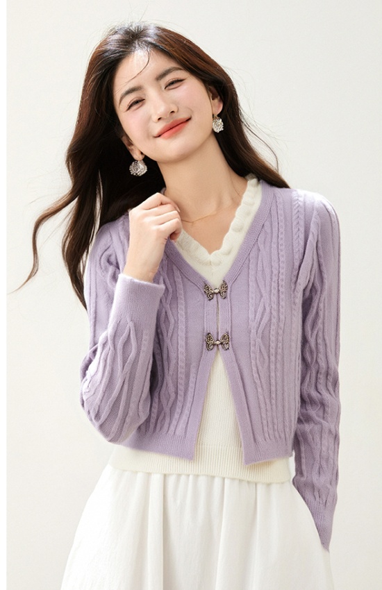 Twist V-neck purple tops Pseudo-two knitted cardigan