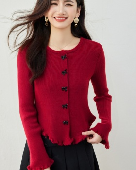 Red temperament tops long sleeve cardigan for women