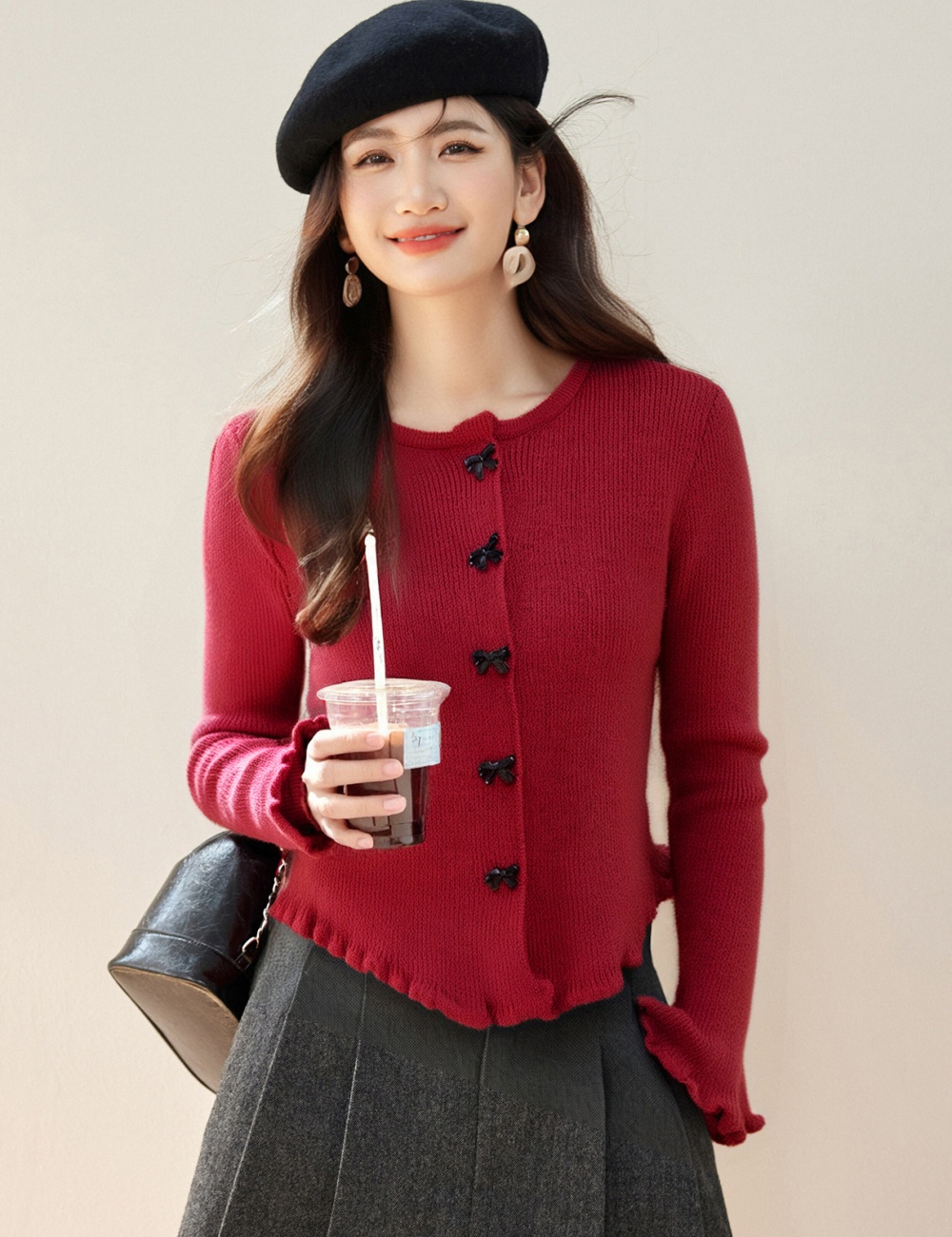 Red temperament tops long sleeve cardigan for women