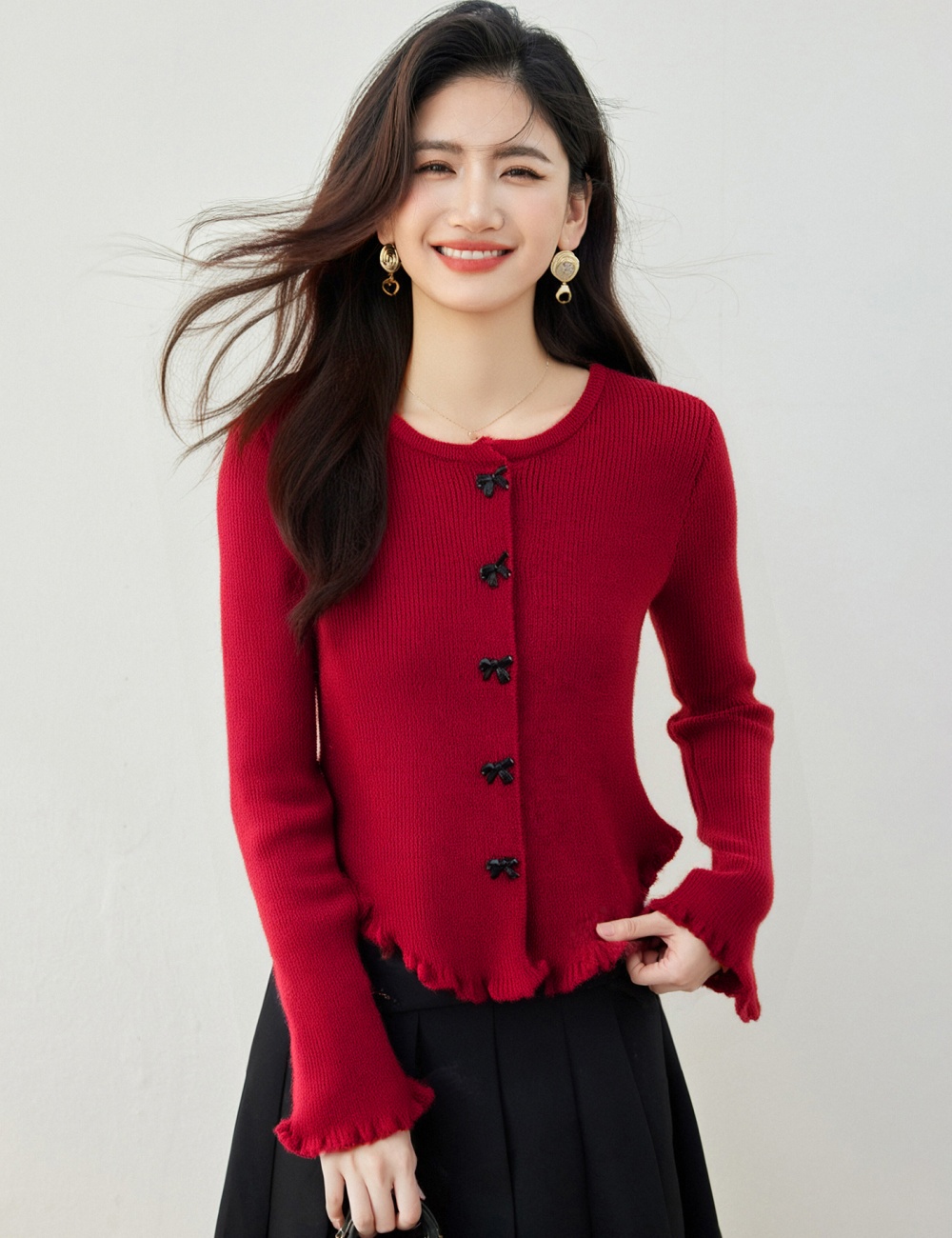 Red temperament tops long sleeve cardigan for women