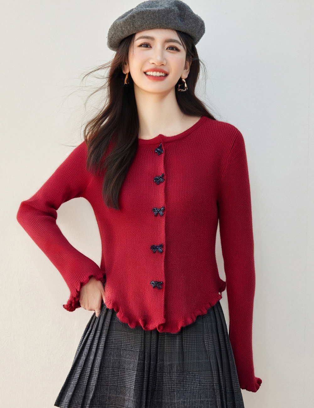 Red temperament tops long sleeve cardigan for women