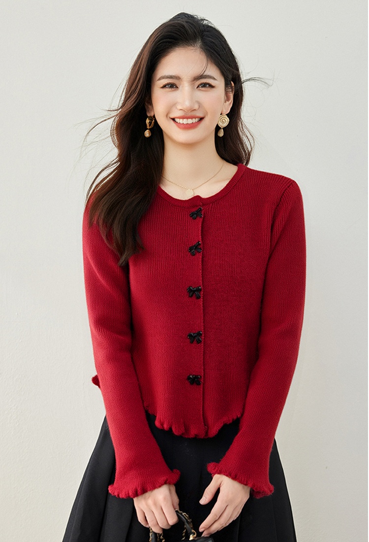 Red temperament tops long sleeve cardigan for women