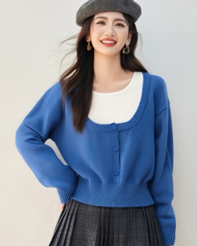 Pseudo-two blue tops fashionable small shirt for women