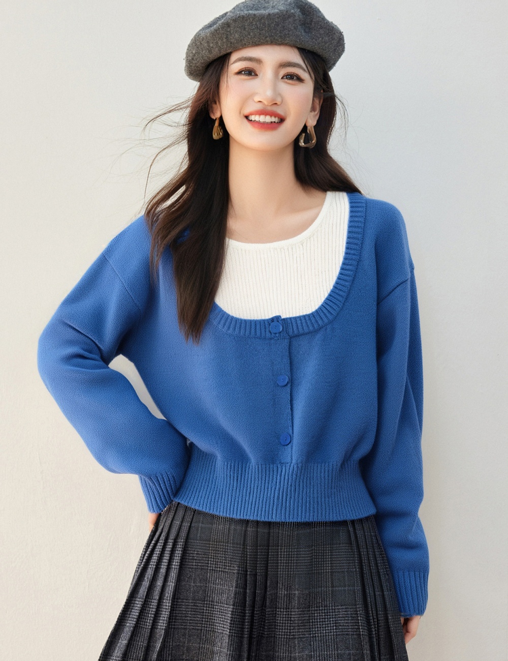 Pseudo-two blue tops fashionable small shirt for women