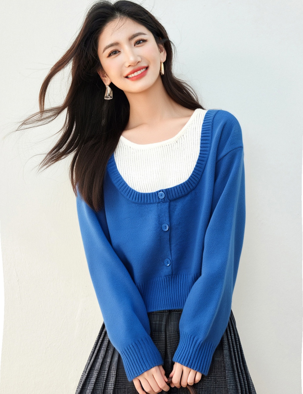 Pseudo-two blue tops fashionable small shirt for women