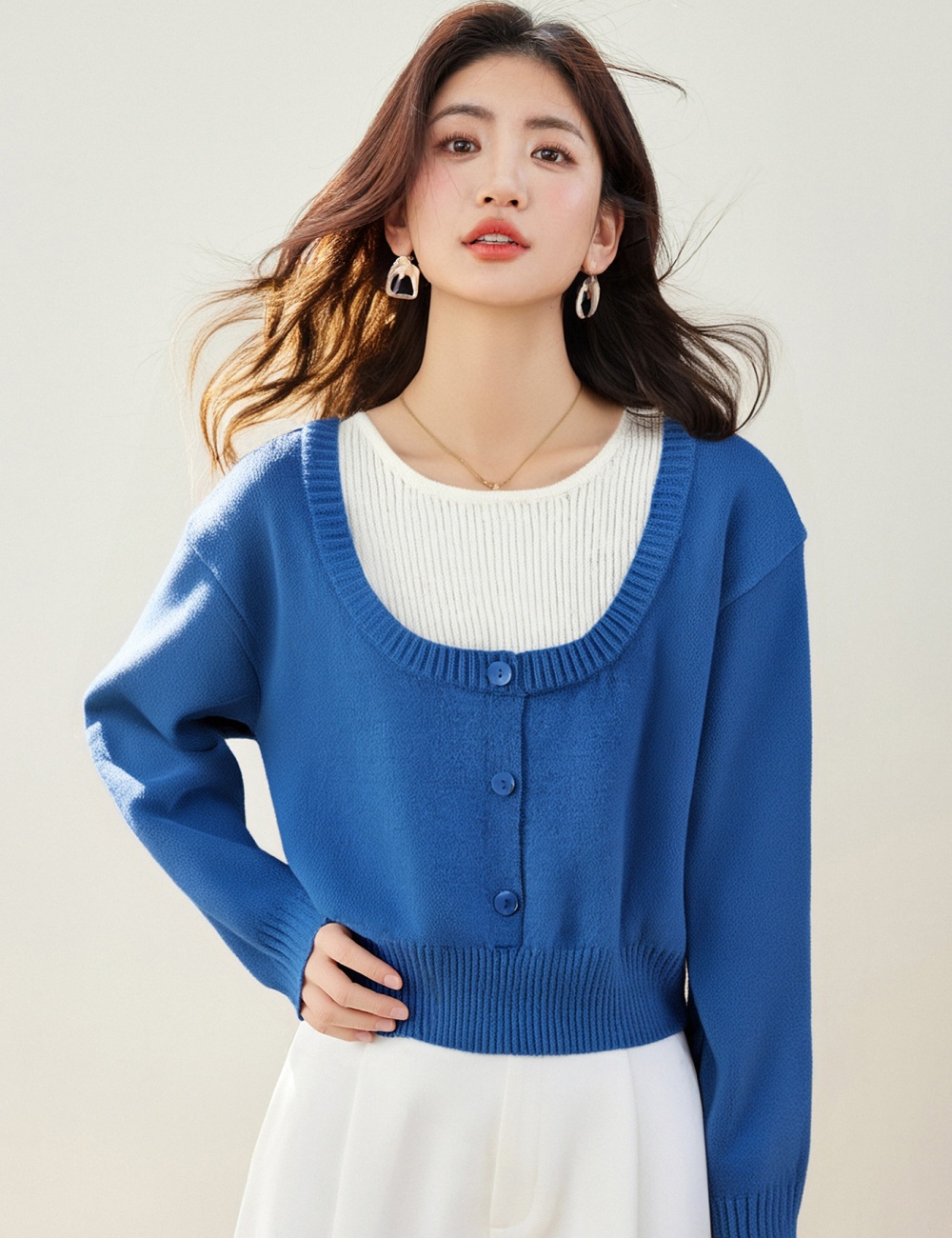 Pseudo-two blue tops fashionable small shirt for women