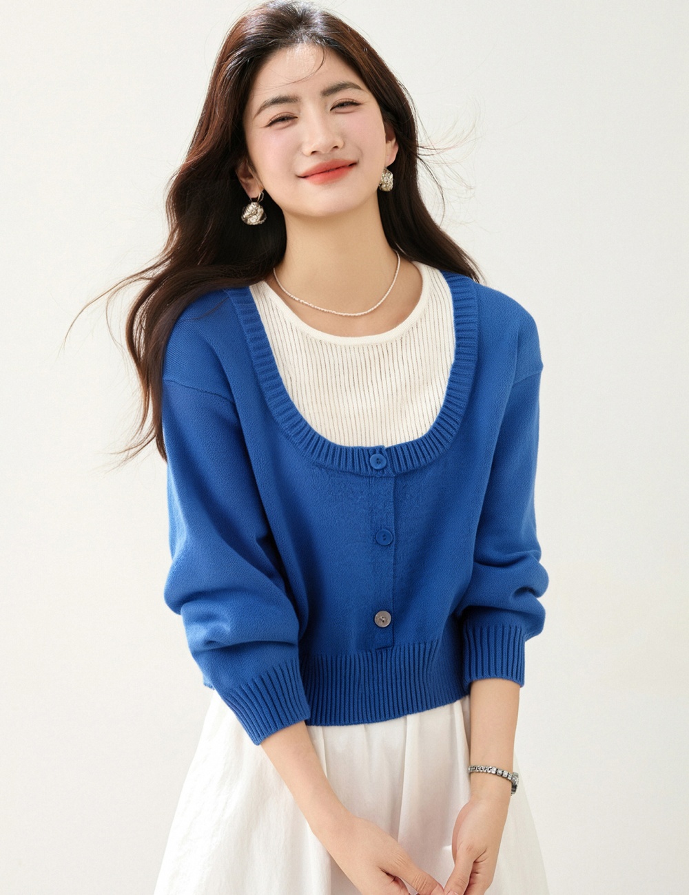 Pseudo-two blue tops fashionable small shirt for women