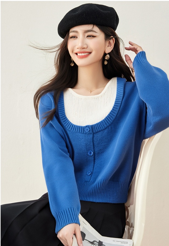 Pseudo-two blue tops fashionable small shirt for women