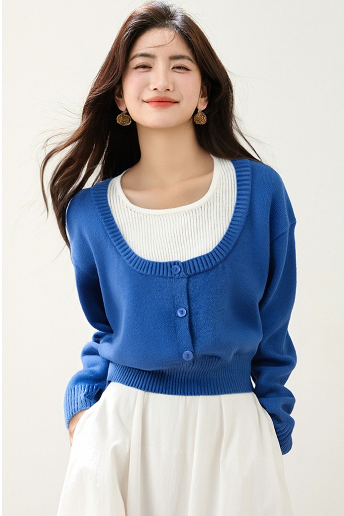 Pseudo-two blue tops fashionable small shirt for women