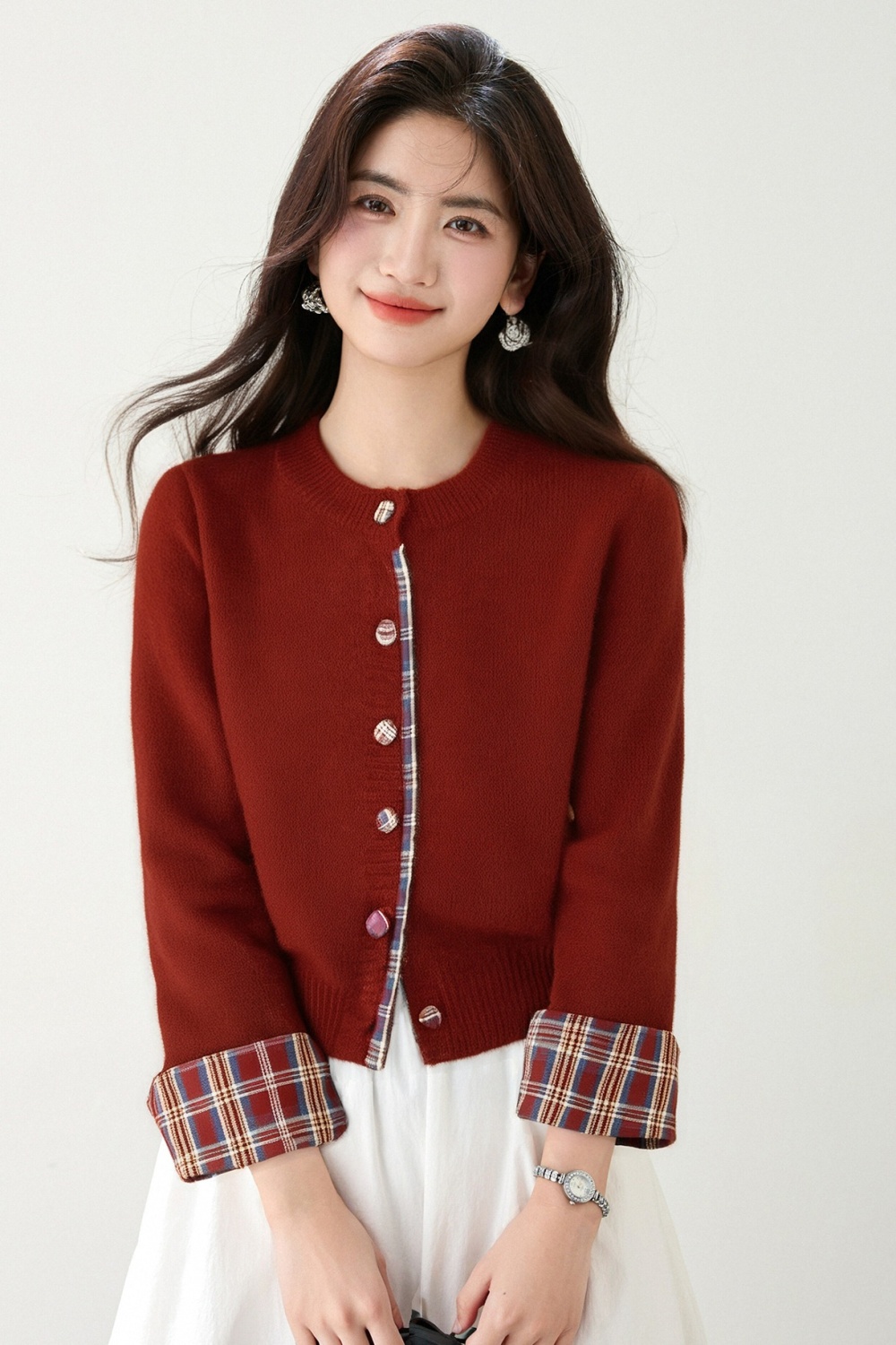 Casual thermal sweater plaid cardigan for women