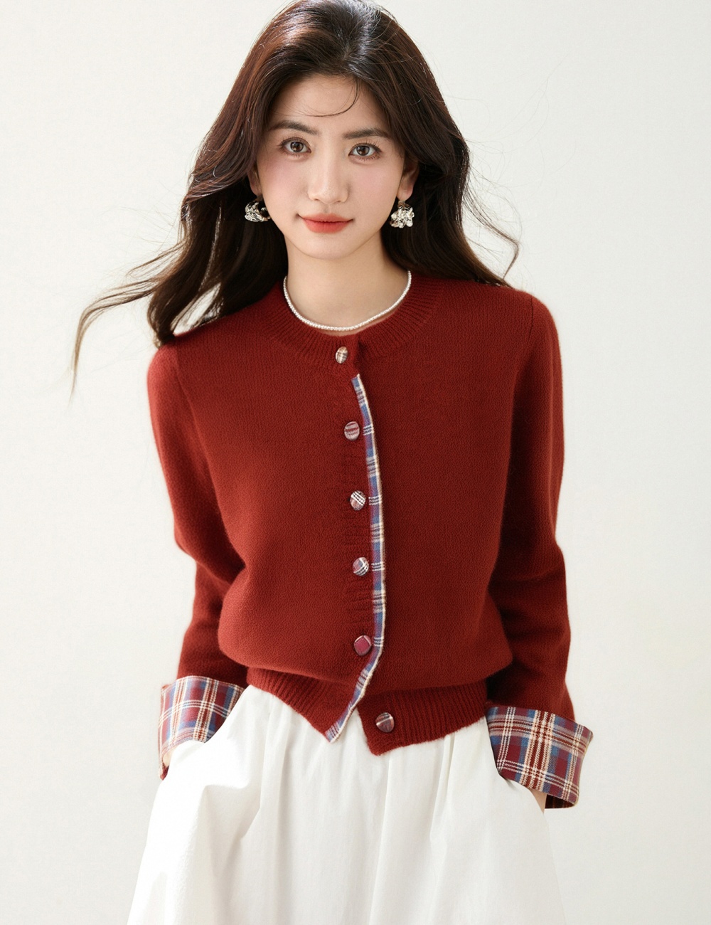 Casual thermal sweater plaid cardigan for women
