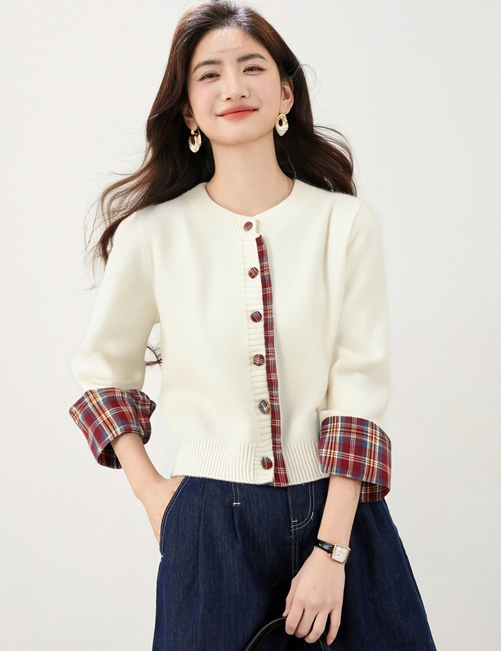 Casual thermal sweater plaid cardigan for women