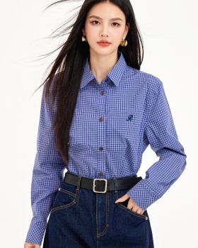 Korean style cotton all-match retro plaid blue shirt