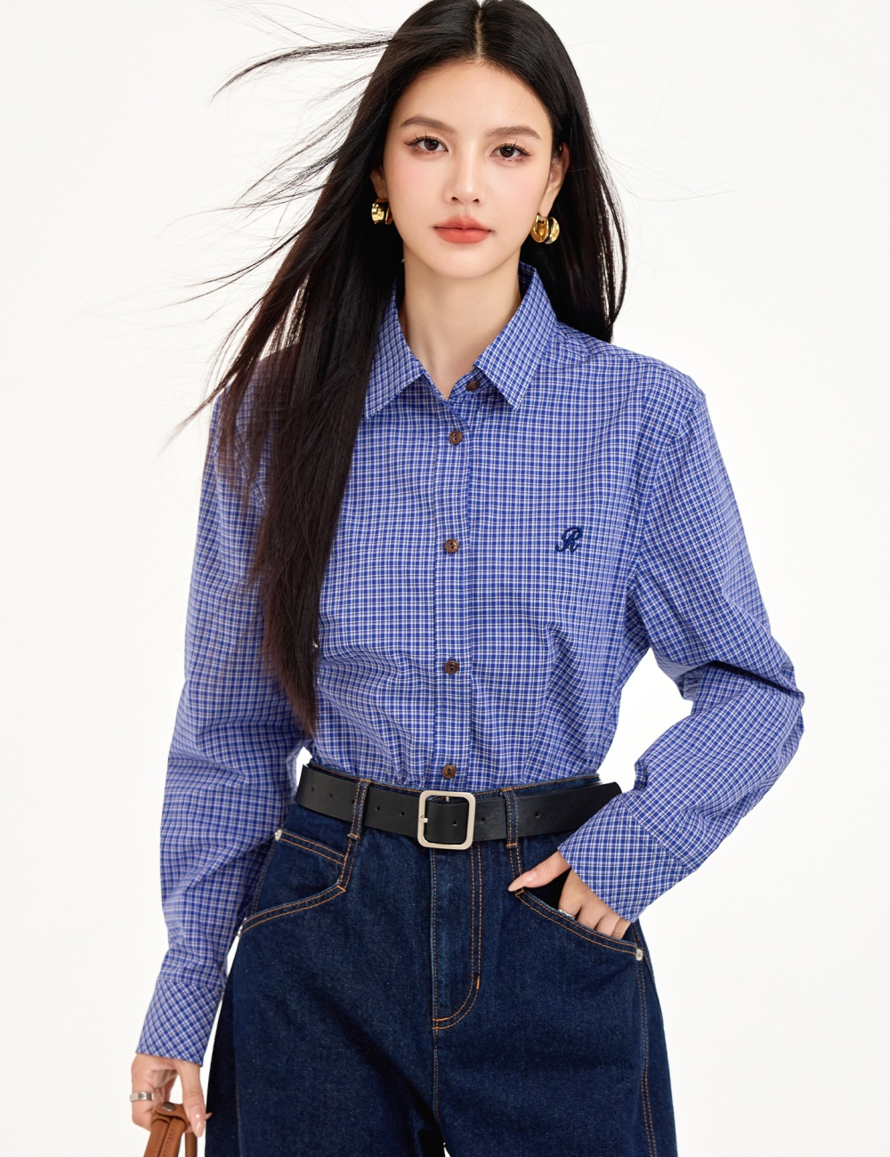 Korean style cotton all-match retro plaid blue shirt