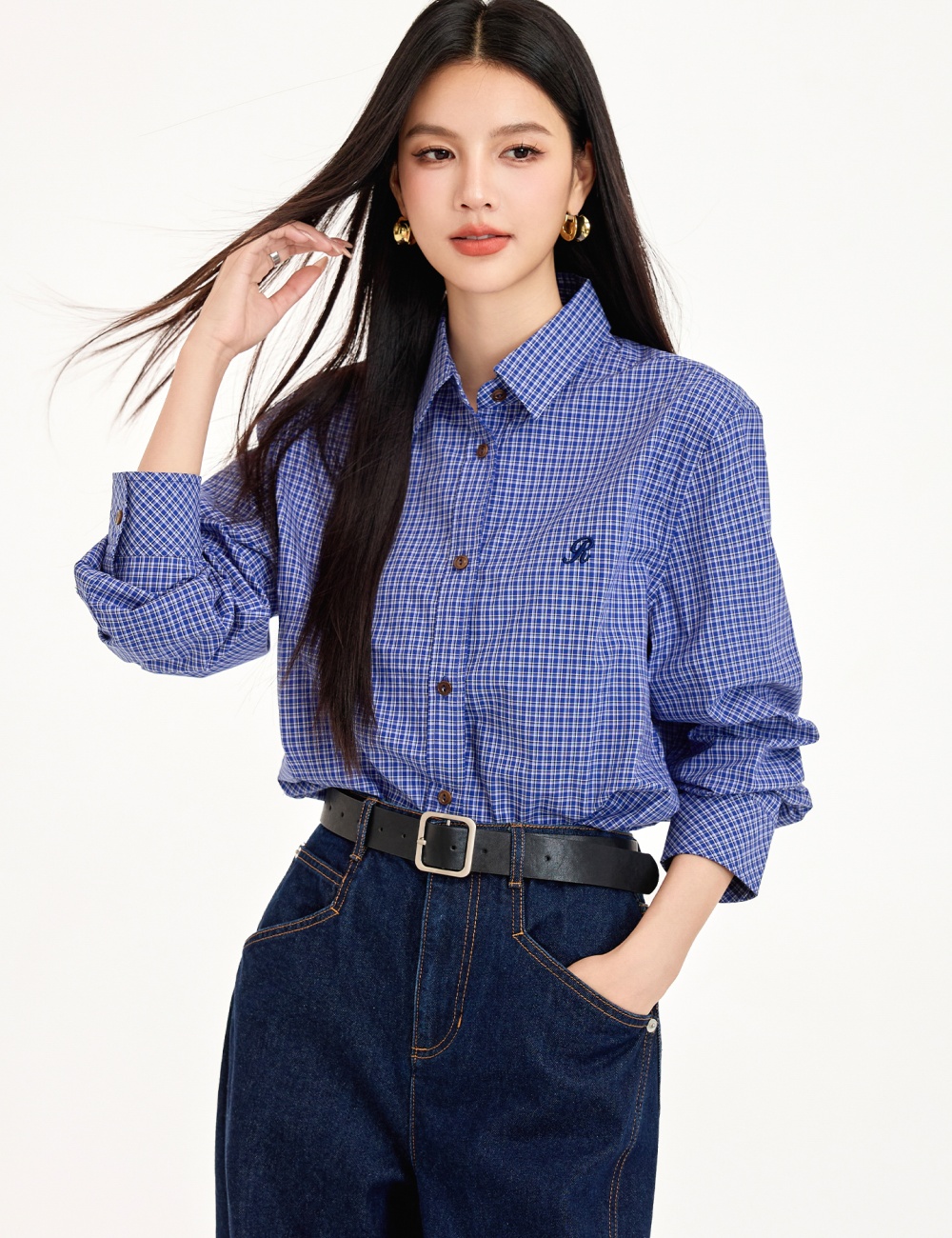 Korean style cotton all-match retro plaid blue shirt