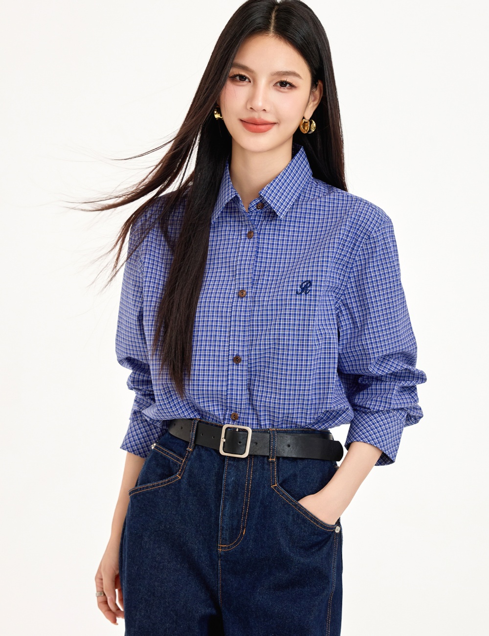 Korean style cotton all-match retro plaid blue shirt