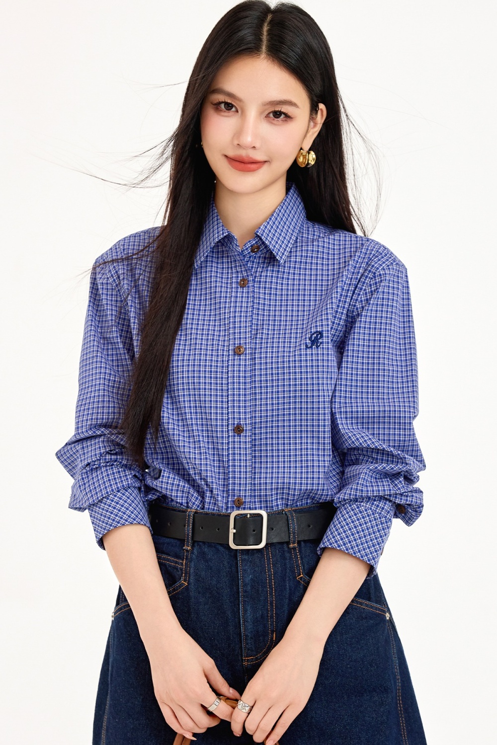 Korean style cotton all-match retro plaid blue shirt