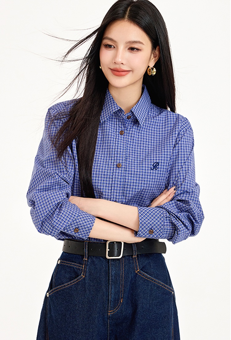 Korean style cotton all-match retro plaid blue shirt