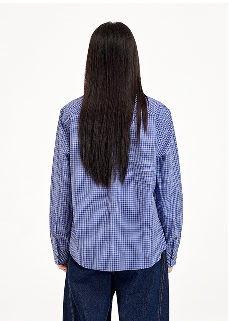 Korean style cotton all-match retro plaid blue shirt