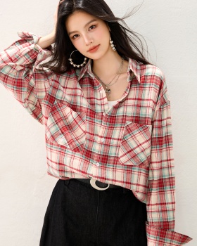 Autumn American style lapel plaid retro cotton shirt